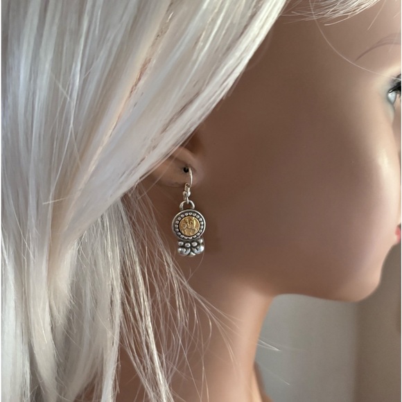 Brighton twotone earrings equestrian Centaur coin horse dangle earrings VTG rare - Picture 1 of 4